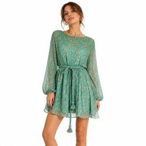 Gold & Silver Paris Sheer Floral Mini Dress Boho Tie Waist Long Sleeve M Fairy